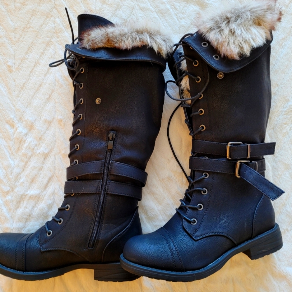 Faux fur trimmed knee high boots